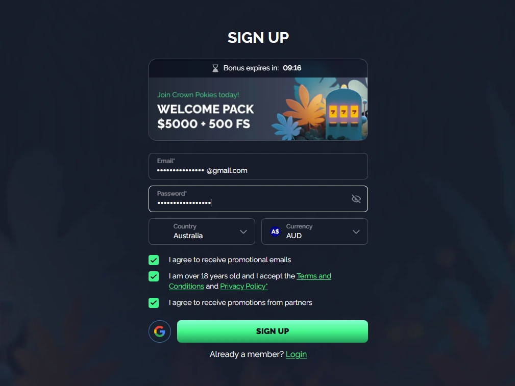 CrownPokies sign-up form with email, password, Australia, AUD and account consent options