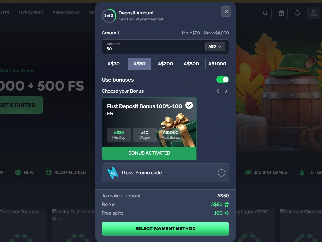 CrownPokies deposit screen showing A$50 deposit and First Deposit Bonus 100% plus 100 free spins